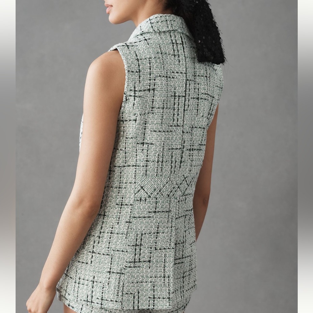 ANTHRO Tweed Vest Green Plaid Sleeveless Blazer Button Up Front Pockets Lined - Picture 5 of 10